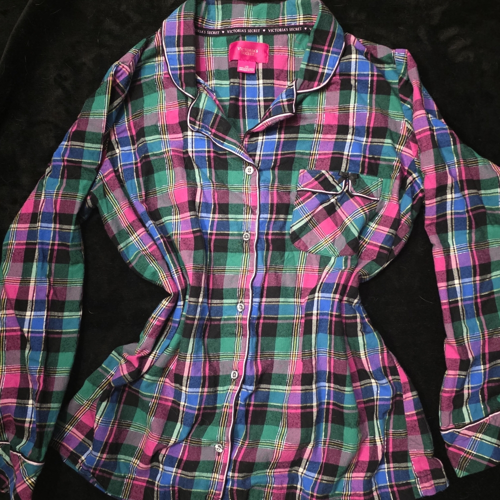 Victoria's Secret Plaid Pajama Shirt in Pink, Green & Blue